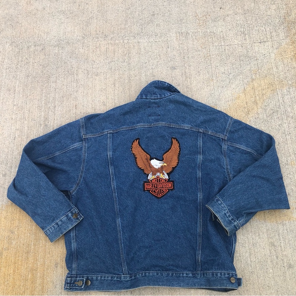 Vintage carhartt j12dst Harley Davidson Blue Denim Trucker Jacket American Eagle
